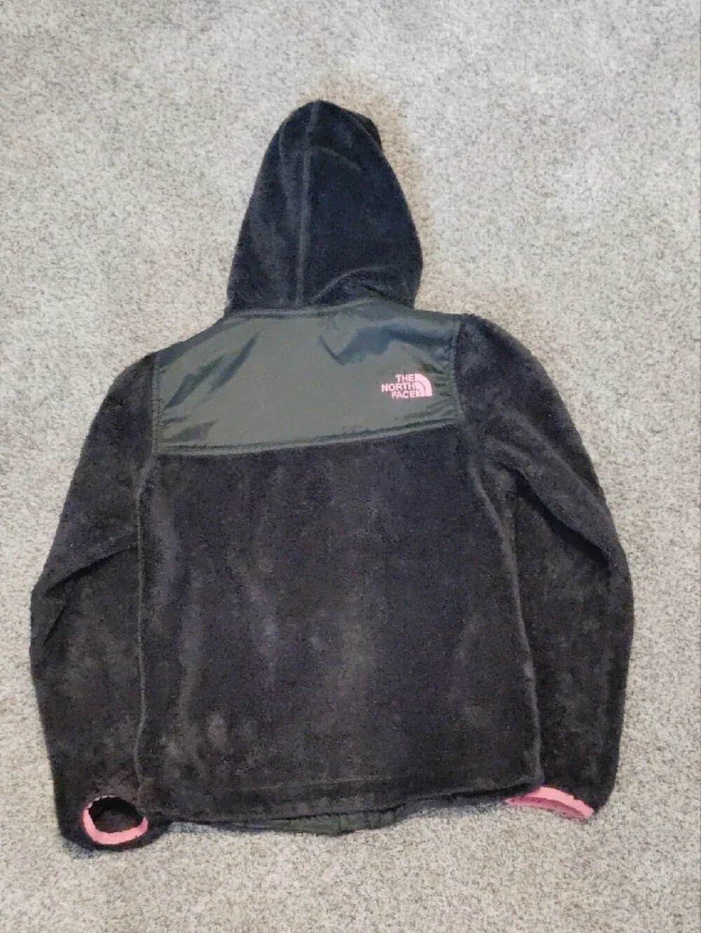 The North Face Black Fuzzy Hooded Puffer Jacket with Pink Trim